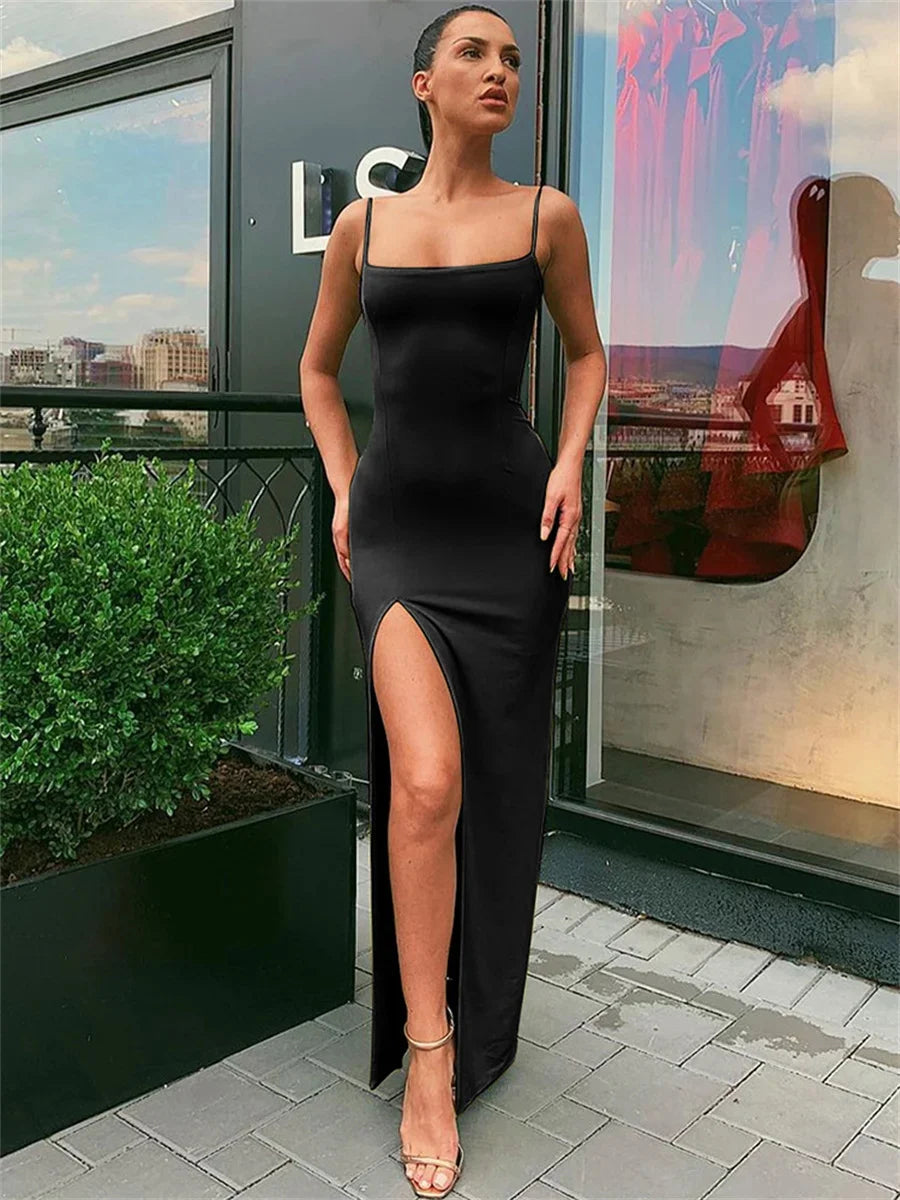 Women's Spaghetti Strap Bodycon Maxi Dress with Side Slit