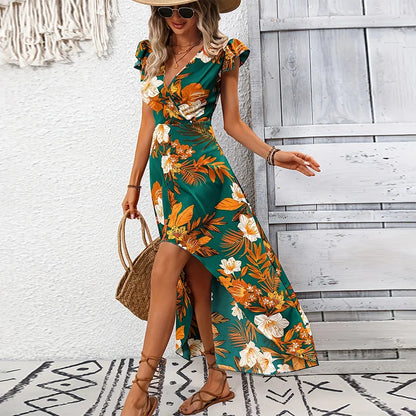 Women's High-Low Floral Maxi Dress with V-Neck and Cap Sleeve Detail