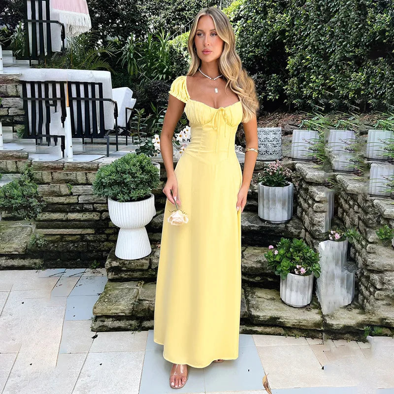 Women's Empire Waist Maxi Dress with Square Neckline and Puff Sleeves