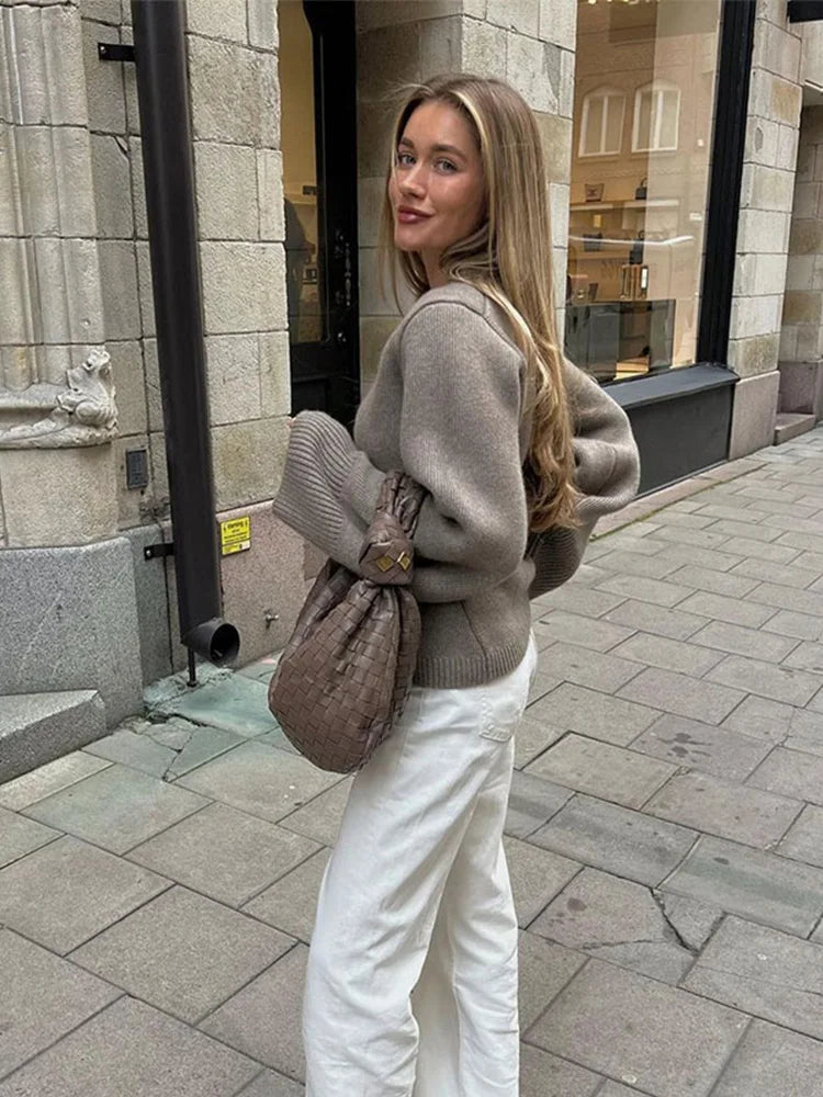 Women's V-Neck Button Cardigan with Ribbed Hem and Patch Pockets