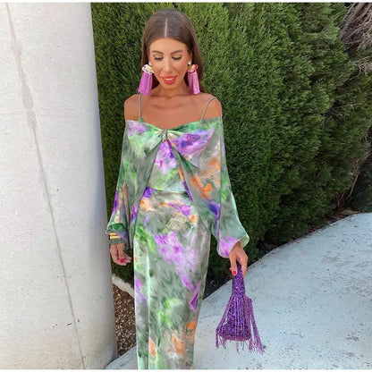 Women's Sleeveless Maxi Dress with Printed Scarf and Halo Pattern