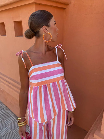 Women's Striped Two-Piece Set with Tie-Strap Top and Wide Pants