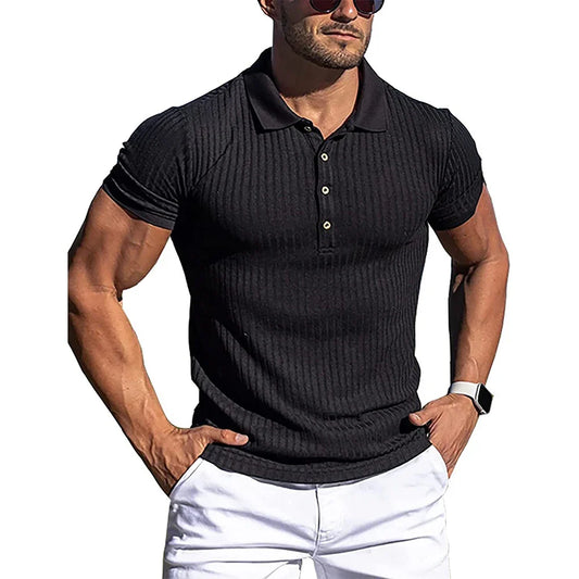 Men's Ribbed Stripe Short Sleeve Polo Shirt with Stand Collar