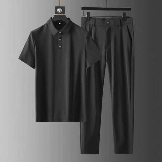 Men's Short-Sleeve Polo Shirt and Pants Two-Piece Set with Tailored Fit