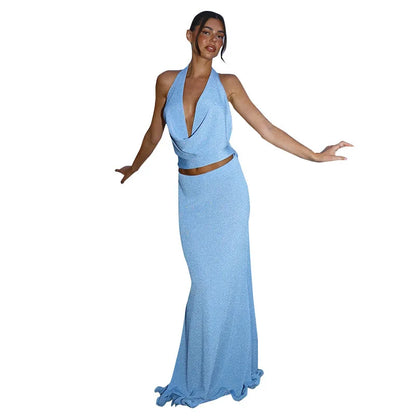 Women's Backless Halter Maxi Dress with Cowl Neck and Slim Fit