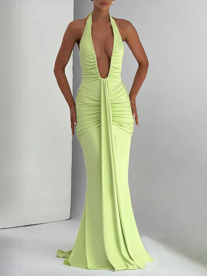 Women's Halter Maxi Dress with Deep V Neck and Draped Ruched Waist