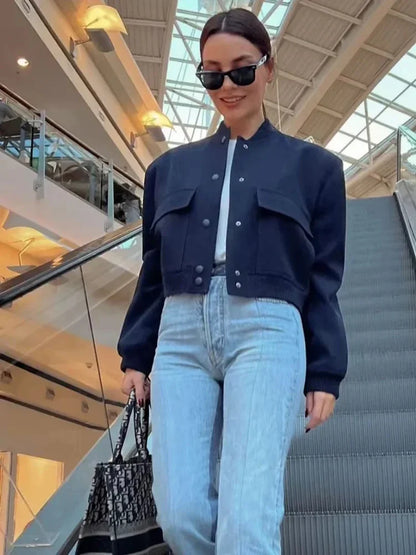 Women's Cropped Baseball Collar Bomber Jacket with Snap Buttons