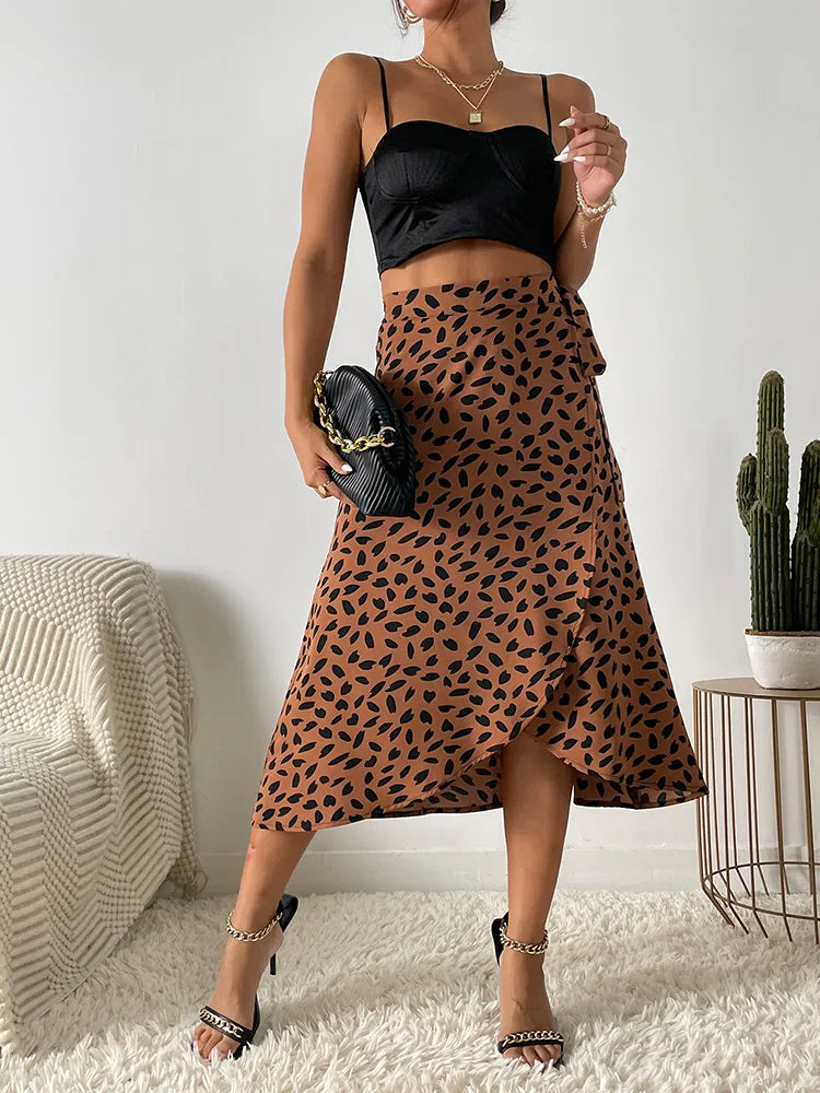 Women's Printed Wrap Midi Skirt with Tie Waist and Asymmetrical Hem