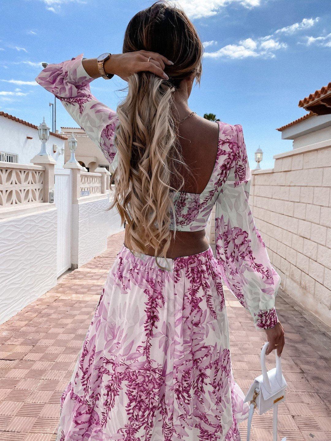 Women's Boho-Inspired Floral Maxi Dress with Cut-Out Design