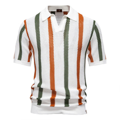 Men's Short-Sleeve Knit Polo Shirt with Vertical Stripes and V-Neck