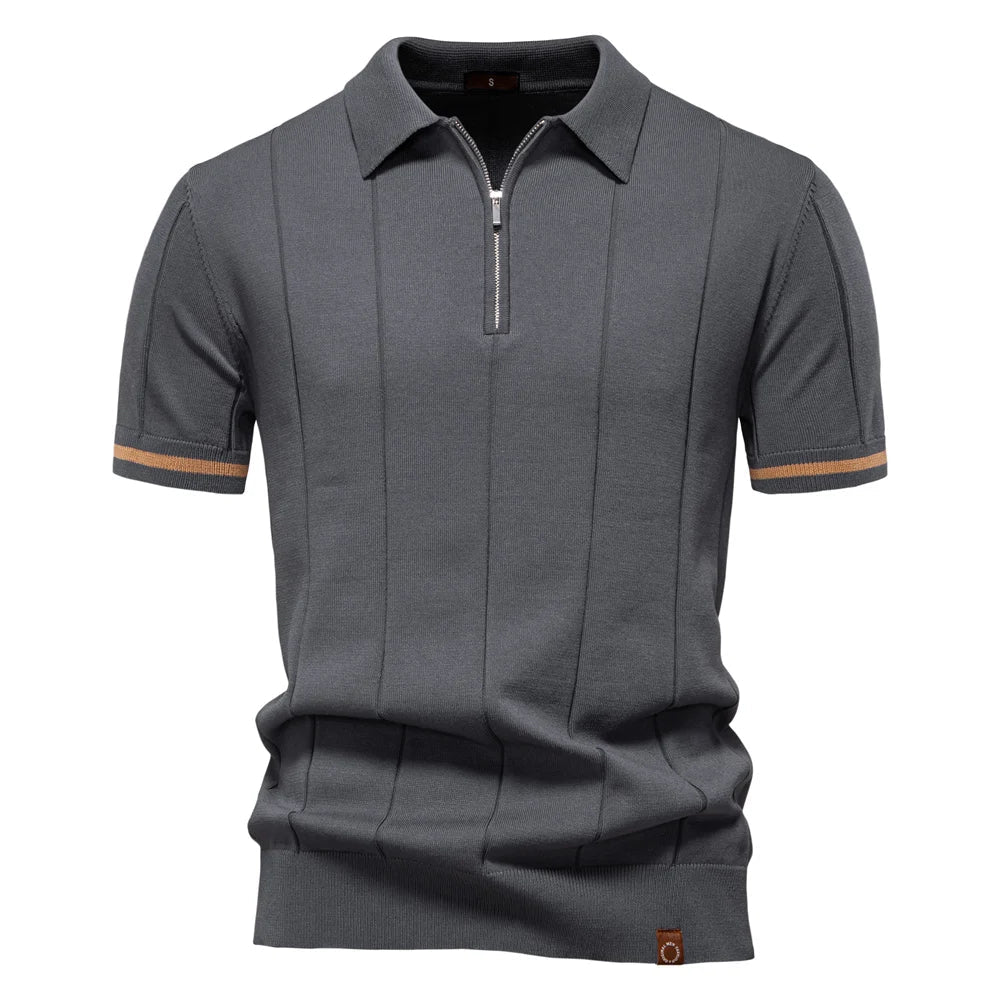 Men's Short-Sleeve Zip Polo Shirt with Contrast Trim and Slim Fit