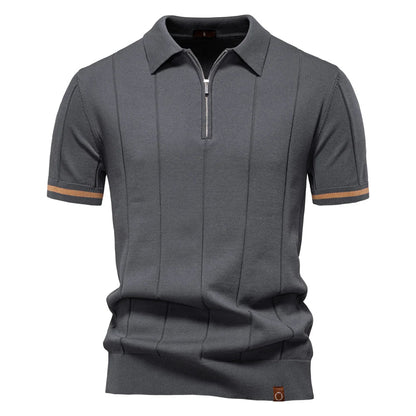 Men's Short-Sleeve Zip Polo Shirt with Contrast Trim and Slim Fit