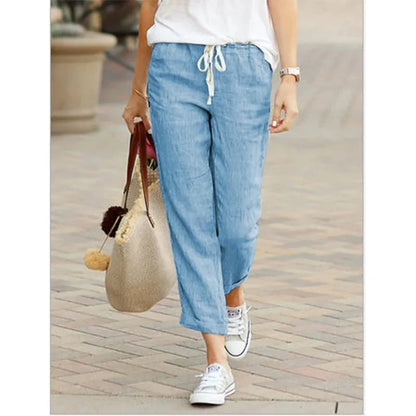 Women's Cotton Drawstring Casual Pants with Elastic Waistband