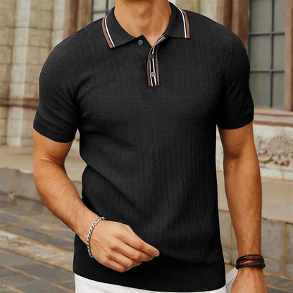 Men's Slim Fit Knitted Polo Shirt with Striped Collar and Button Placket