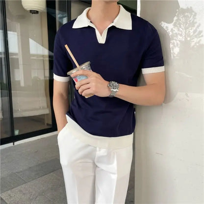 Men's Short Sleeve Polo Shirt with Contrast Collar and Ribbed Hem