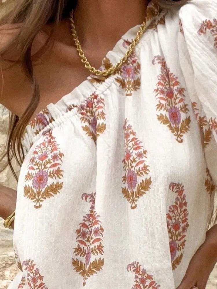 Women's One-Shoulder Printed Mini Dress with Puff Sleeve Design