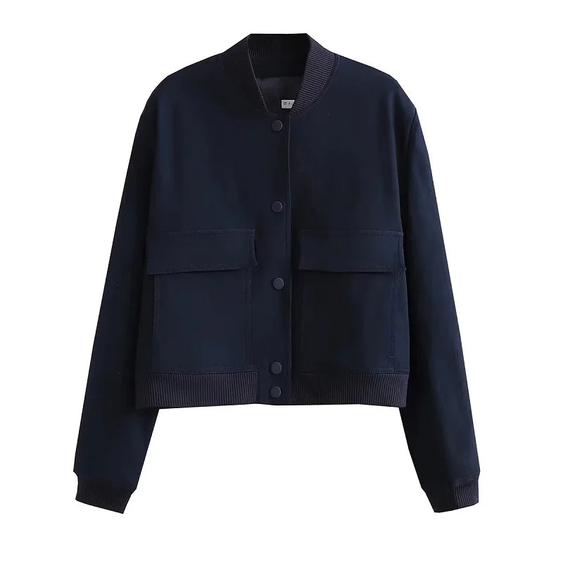 Women's Cropped Bomber Jacket with Snap Buttons and Utility Pockets