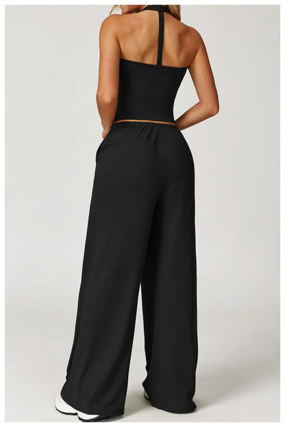Women’s Two-Piece Lounge Set with Racerback Crop Top and Wide-Leg Pants