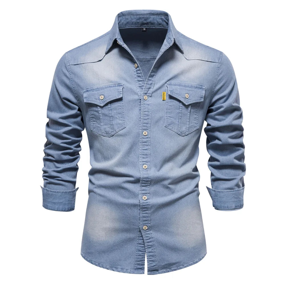 Men's Long-Sleeve Button-Front Shirt with Classic Chest Pocket
