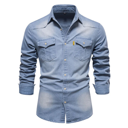 Men's Long-Sleeve Button-Front Shirt with Classic Chest Pocket