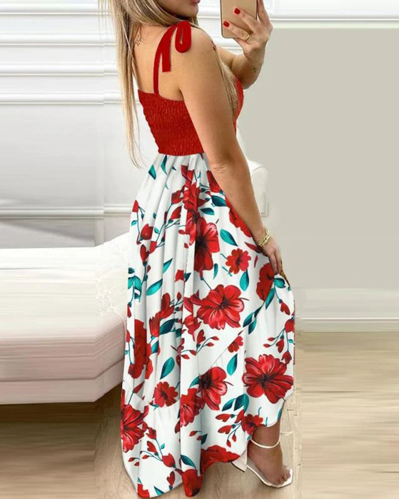 Women's Floral Maxi Dress with Tie Straps and Smocked Bodice