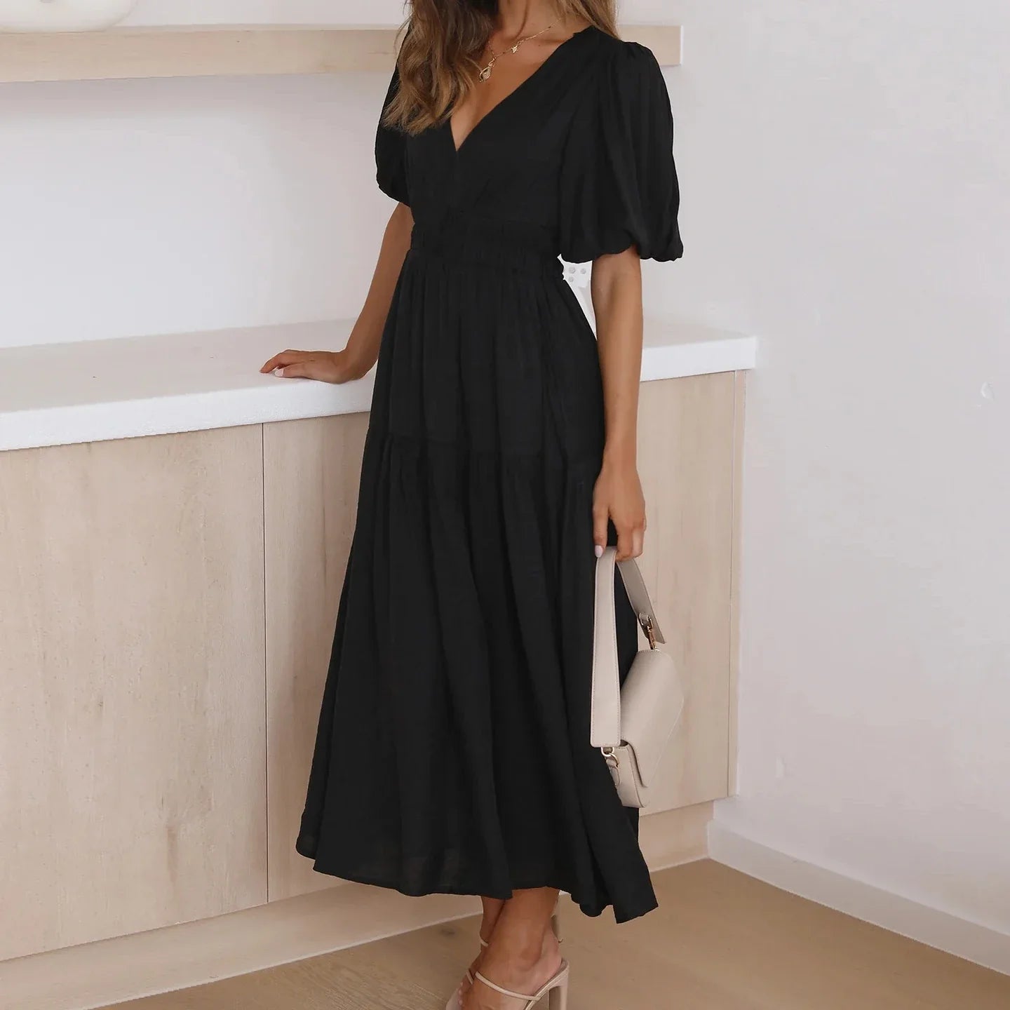 Women's Puff Sleeve Maxi Dress with V-Neck and High Waist