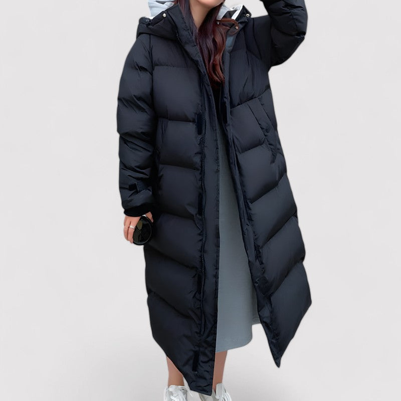 Women's Long Black Waterproof Hooded Puffer Parka Jacket