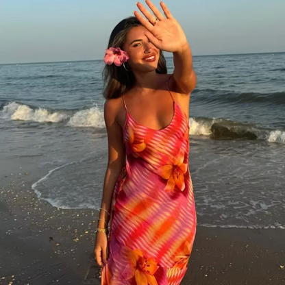 Women's Tropical Print Maxi Dress with Side Slit and Spaghetti Straps