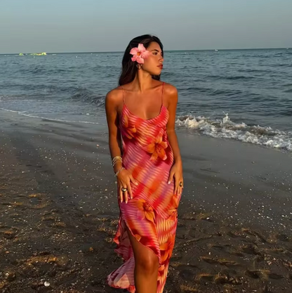 Women's Tropical Print Maxi Dress with Side Slit and Spaghetti Straps