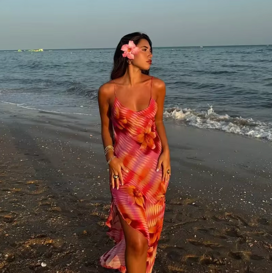 Women's Tropical Print Maxi Dress with Side Slit and Spaghetti Straps