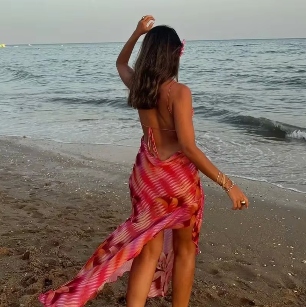 Women's Tropical Print Maxi Dress with Side Slit and Spaghetti Straps