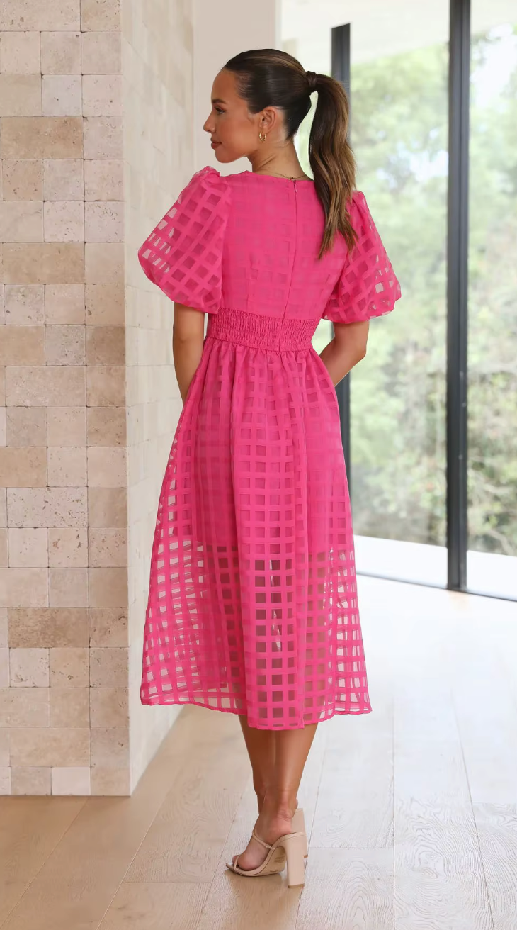 Women's Maxi Dress with Sheer Grid Overlay and Puff Sleeves