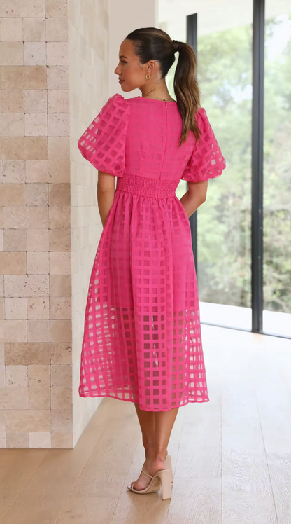 Women's Maxi Dress with Sheer Grid Overlay and Puff Sleeves