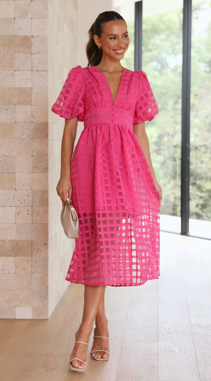 Women's Maxi Dress with Sheer Grid Overlay and Puff Sleeves