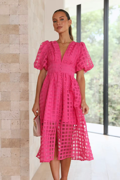 Women's Maxi Dress with Sheer Grid Overlay and Puff Sleeves