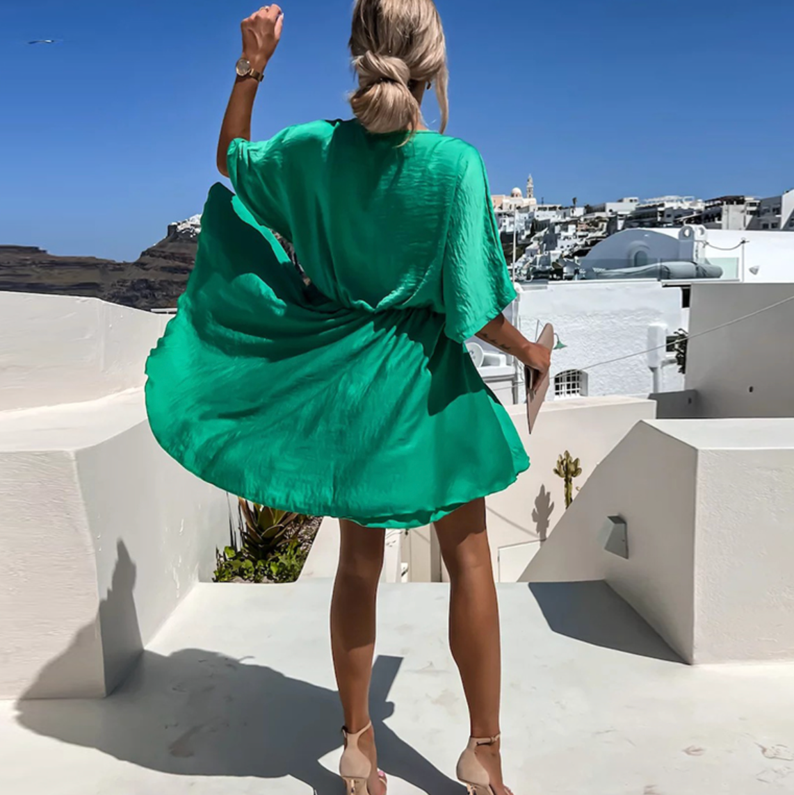 Women's V-Neck Flowy Mini Dress with Short Sleeves and High Waist