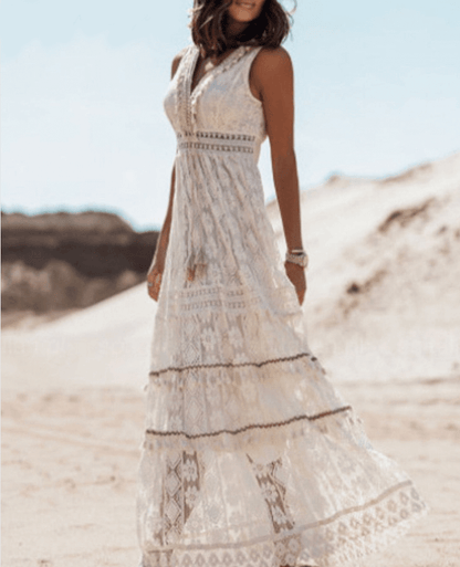 Women’s Boho Lace V-Neck Maxi Dress with Thigh-High Slit