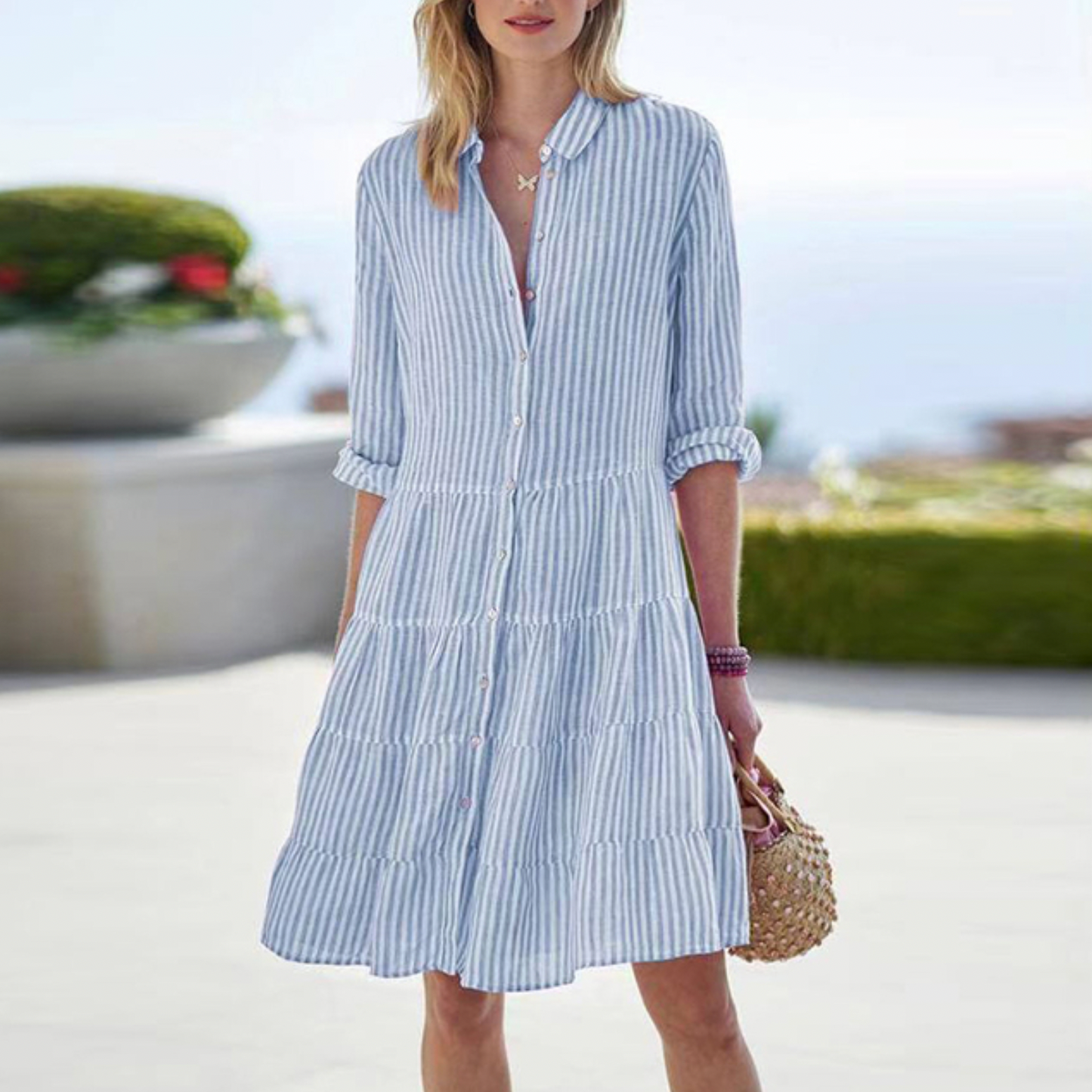 Women's Striped Button Down Shirt Mini Dress with Long Sleeves