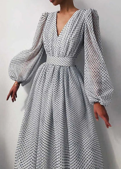 Women's Long Sleeve Polka Dot V-Neck Midi Dress