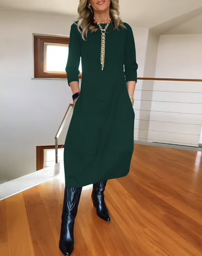 Women’s Elegant Midi Dress – 3/4 Sleeve Minimalist Workwear Style