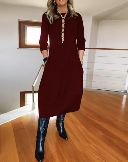 Women’s Elegant Midi Dress – 3/4 Sleeve Minimalist Workwear Style