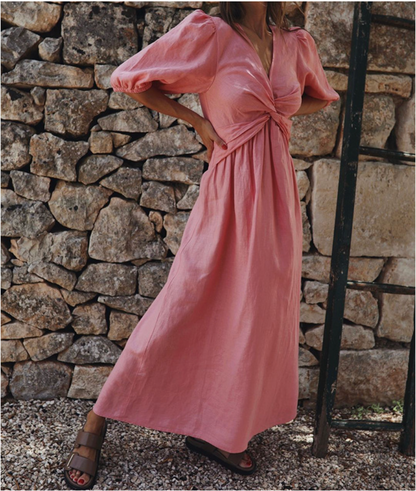 Women's Maxi Dress with V-Neck and Twist Knot Waist