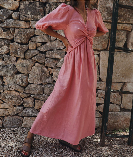 Women's Maxi Dress with V-Neck and Twist Knot Waist