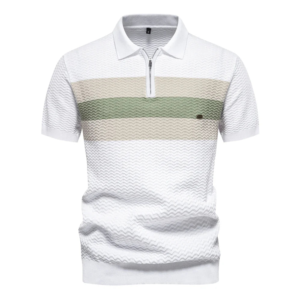 Men's Short-Sleeve Knit Polo Shirt with Striped Chest and Zip Neck