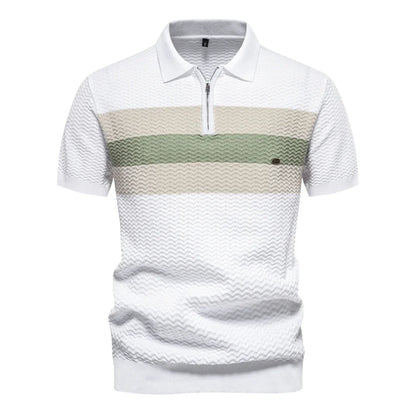 Men's Short-Sleeve Knit Polo Shirt with Striped Chest and Zip Neck