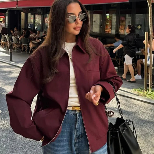 Women's Cropped Bomber Jacket with Long Sleeves and Modern Tailored Fit