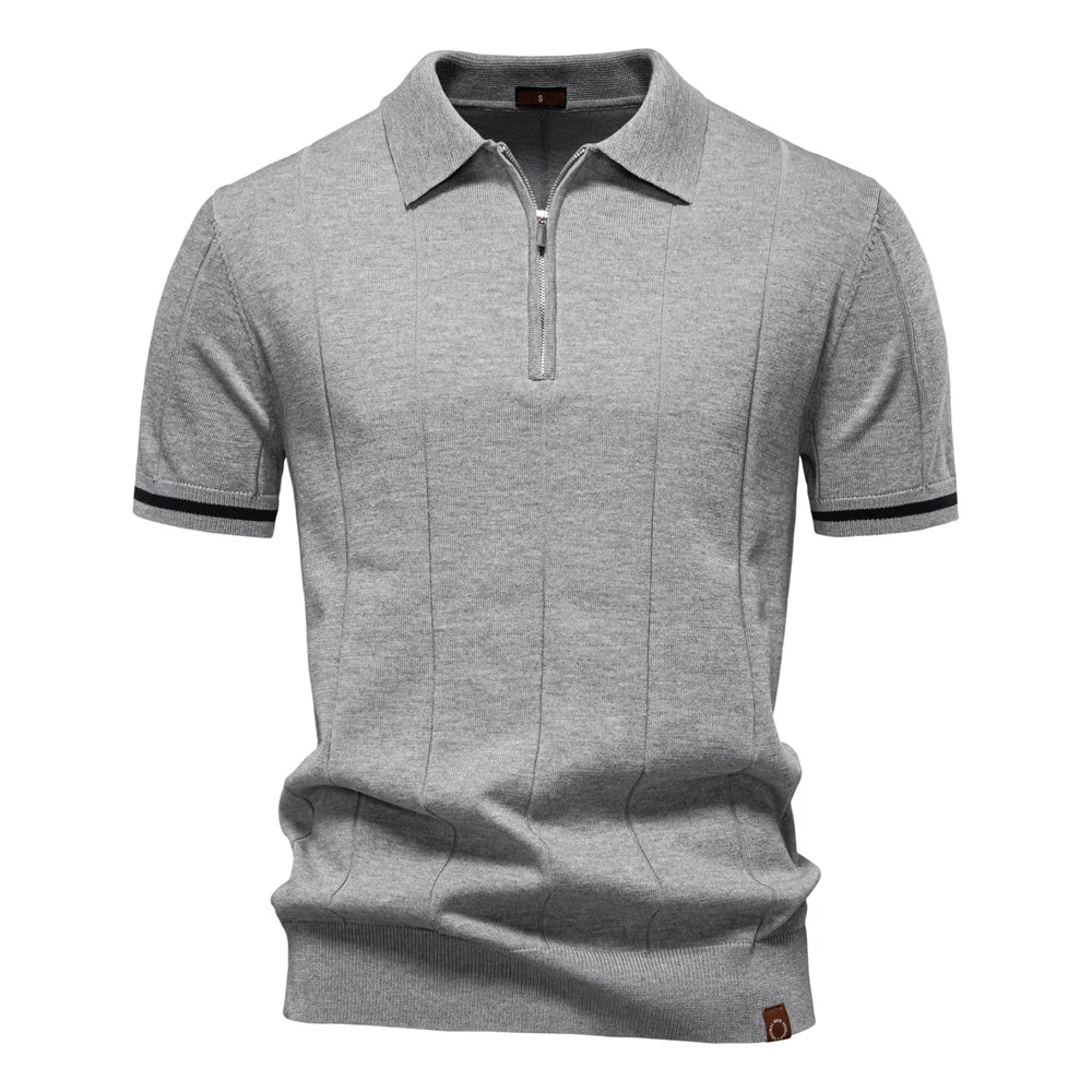 Men's Short-Sleeve Zip Polo Shirt with Contrast Trim and Slim Fit