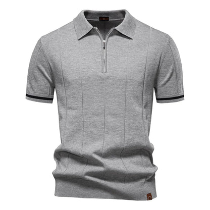 Men's Short-Sleeve Zip Polo Shirt with Contrast Trim and Slim Fit