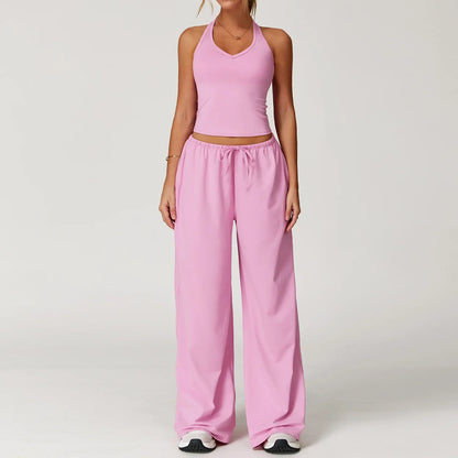 Women’s Two-Piece Lounge Set with Racerback Crop Top and Wide-Leg Pants