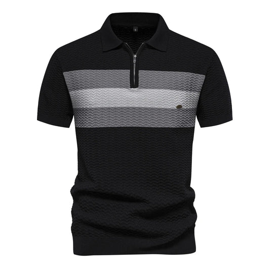 Men's Short-Sleeve Knit Polo Shirt with Striped Chest and Zip Neck